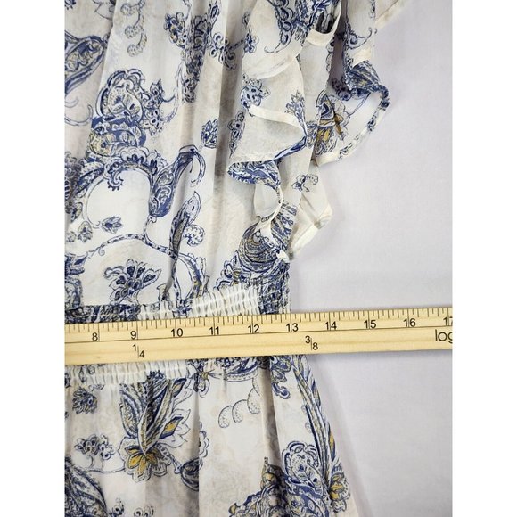 Paper Crane Dress Womens Small Blue White Open Front Midi Ruffled Cap Sleeve - Picture 4 of 16
